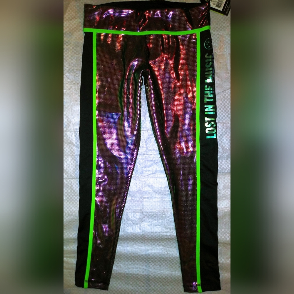 Zumba Light Up DanceFloor Metallic Piped Ankle Leggings Large Purple Holographic